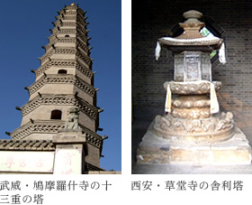 武威・鳩摩羅什寺の十三重の塔、西安・草堂寺の舎利塔